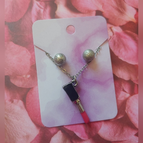 Y2K Lipstick Necklace And Earrings Set - Picture 7 of 8